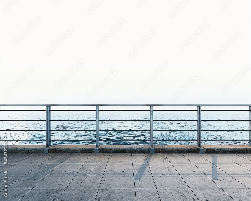 Obraz premium Empty promenade with metal railing overlooking calm blue ocean, clear sky, and tiled walkway, ideal for travel, relaxation, and scenic shots.