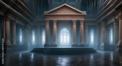 Luxurious throne hall with serene lamp lighting.