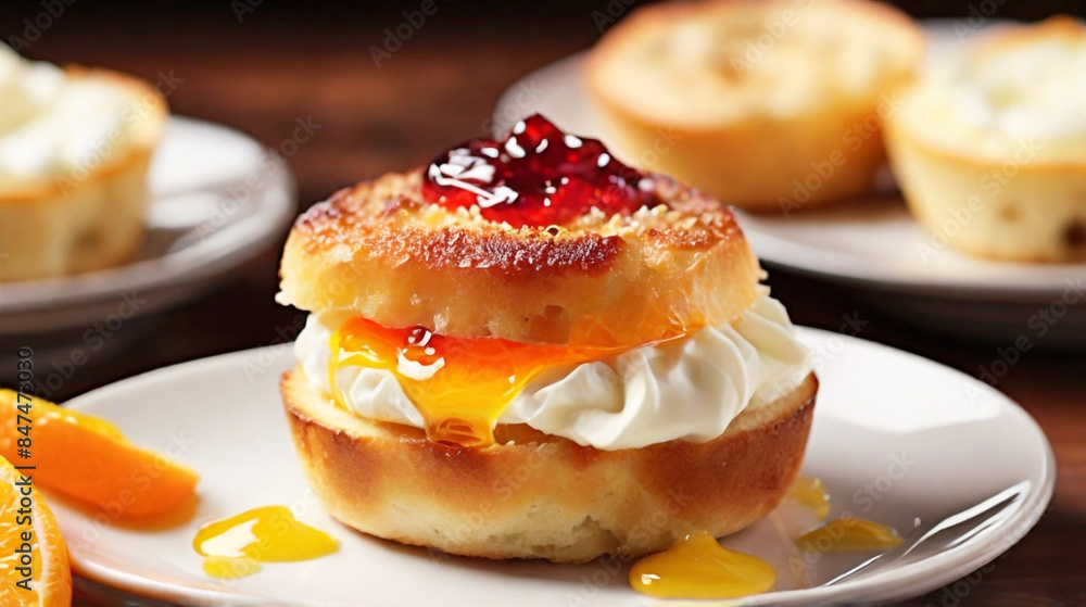 A mouth-watering image of a perfectly toasted english muffin, slathered with creamy orange butter A mouth-watering image of a perfectly toasted english muffin, slathered with creamy orange butter