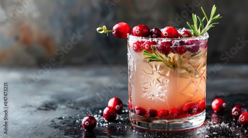 Studio photo of a festive holiday cocktail garnished with cranberries and a sprig of rosemary photo