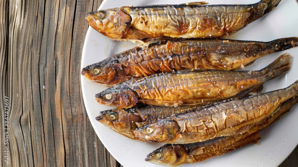 Smelt fish fried on a white plate atop a wooden table Smelt fish fried on a white plate atop a wooden table