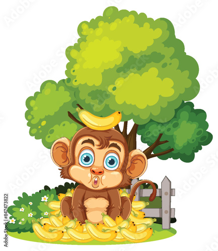 Cute monkey surrounded by bananas and trees