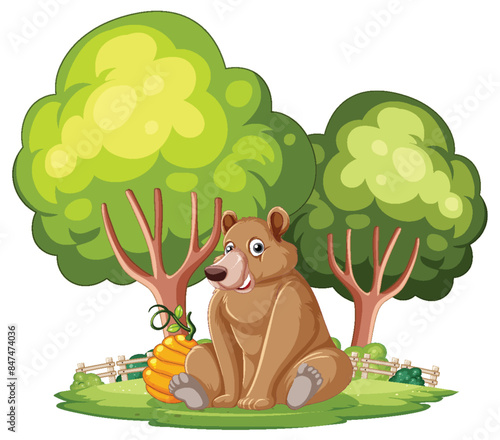 Bear sitting with a pumpkin in forest