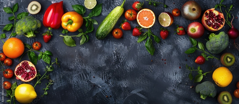 Fresh fruits and vegetables arranged on a dark background from above
