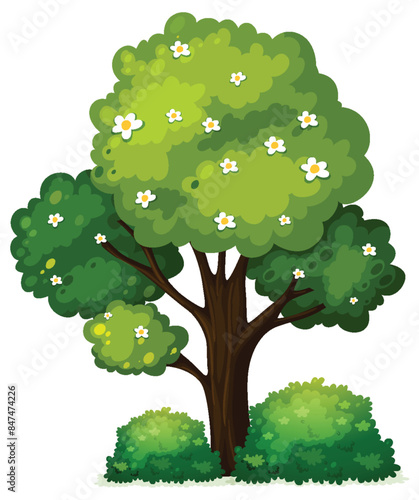 Tree with flowers and lush green leaves