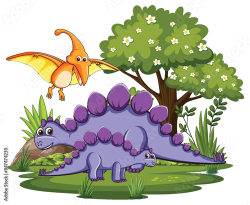 Colorful dinosaurs in a vibrant forest setting