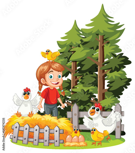 Happy child with chickens and trees