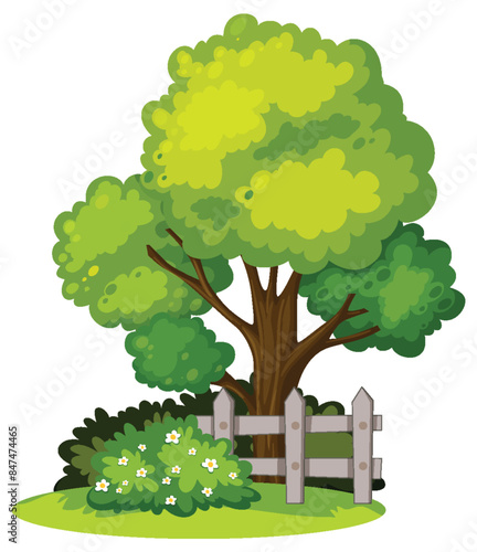 Lush greenery with a wooden fence