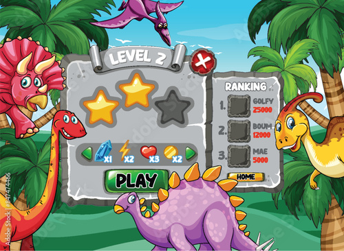 Colorful dinosaurs in a game level interface