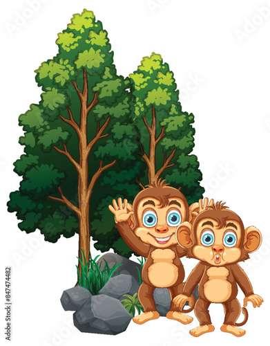 Two monkeys playing near trees and rocks