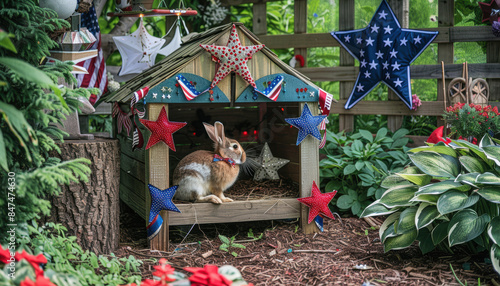 A rabbit is sitting in a small wooden hut with American flags and stars photo