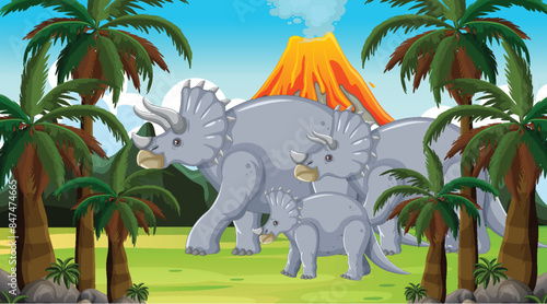 Dinosaurs walking near a volcano and palm trees