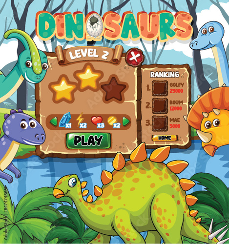 Colorful dinosaur game level screen illustration