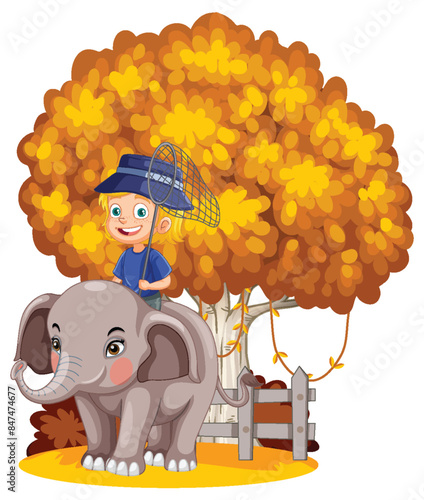 A boy on an elephant with a net