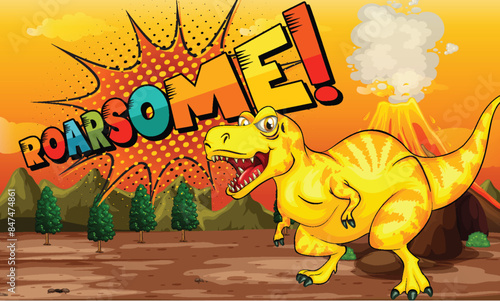 Colorful dinosaur with erupting volcano background