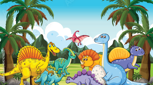 Dinosaurs in a vibrant, lush jungle setting