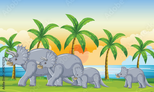 Family of dinosaurs near palm trees