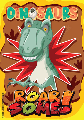 Colorful dinosaur illustration with bold text