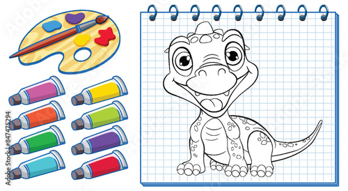 Cute dinosaur drawing with paint supplies