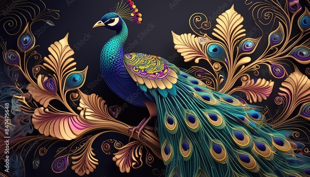 Fototapeta premium Peacock pattern images, Flowers, peacock pattern wallpaper, Luxury metallic peacocks, and tropical leaves nature abstract background.