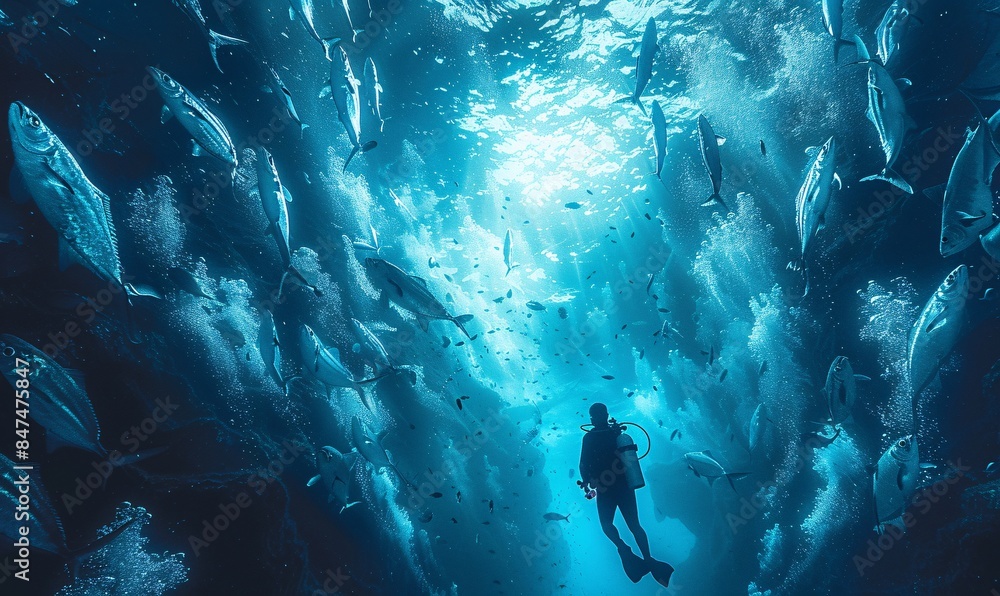 a dynamic underwater image featuring a school of barracuda fish encircling scuba divers, highlighting the beauty of marine exploration a dynamic underwater image featuring a school of barracuda fish encircling scuba divers, highlighting the beauty of marine exploration