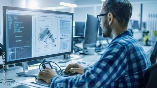 Fototapeta Engineer Working on CAD Software in Office