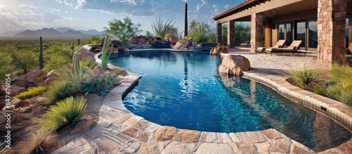 Backyard oasis featuring a pebble tech pool and travertine patio amidst a desert landscape.