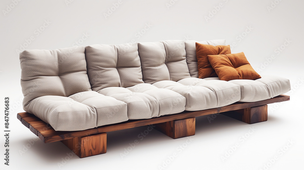 Obraz premium sleek modern fabric and wooden sofa with aesthetics and classic comfort, featuring plush tufted upholstery in neutral tones and solid wooden frames that emphasize a sleek, organic form