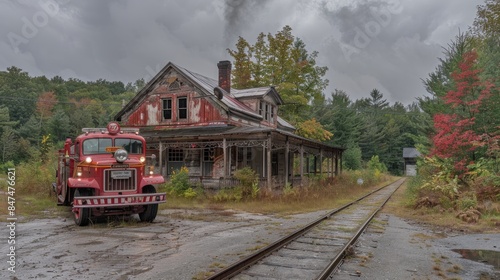 A firetruck is parked near the Conway Scenic Railroad station