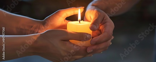 Close-up of hands holding a lit candle against a green background. photo