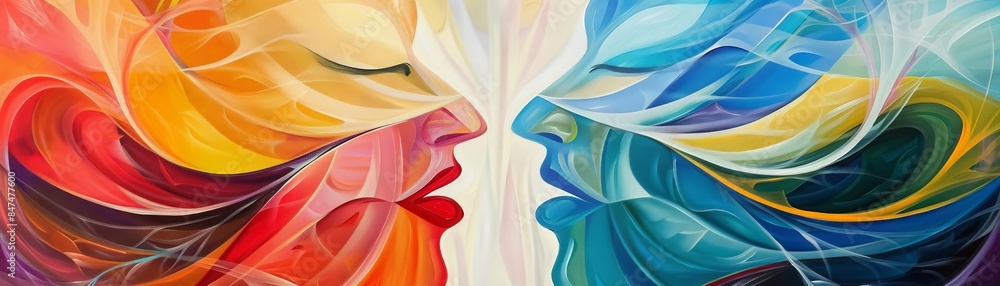 Fototapeta premium Abstract painting of two faces, one red and one blue, close together.