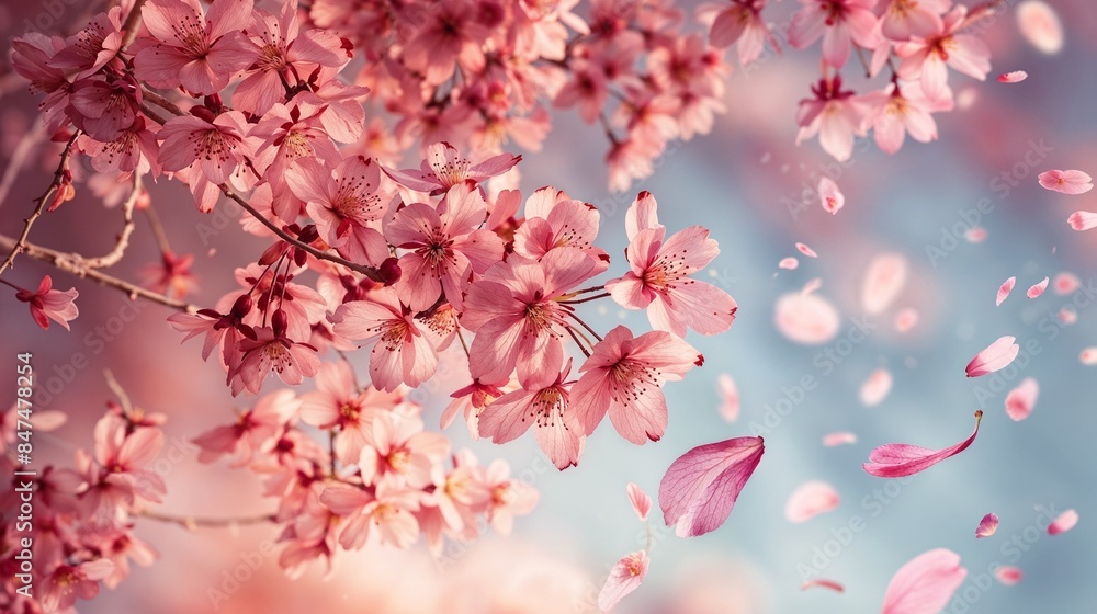 Japanese cherry blossoms in full bloom, with petals gently falling against a pastel sky Japanese cherry blossoms in full bloom, with petals gently falling against a pastel sky