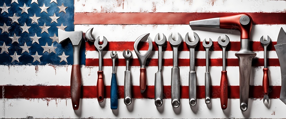 Fototapeta premium Happy Father's day with metal tools and an American flag on a white texture background design. 