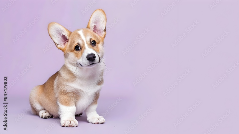 Cute Corgi Puppy Sitting on Lavender Background with Clear Space Cute Corgi Puppy Sitting on Lavender Background with Clear Space