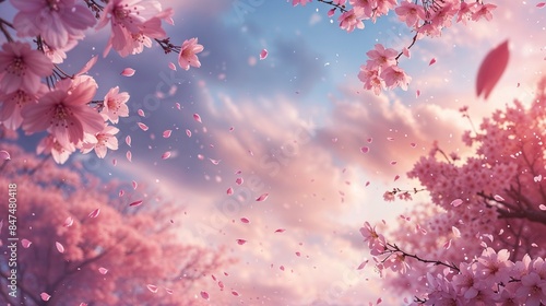 Japanese cherry blossoms in full bloom, with petals gently falling against a pastel sky