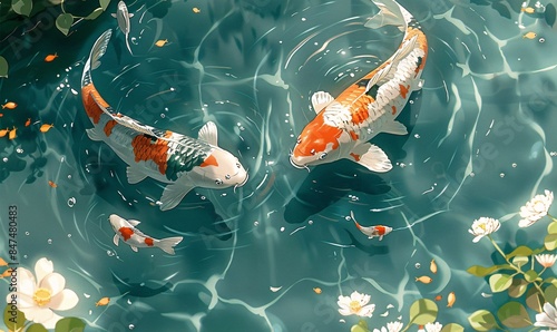 a serene underwater scene featuring decorative nishikigoi koi in a clear river pond, highlighting the beauty of Japanese wildlife and nature photo