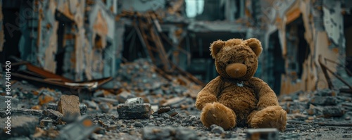 a teddy bear in ruins with destruction