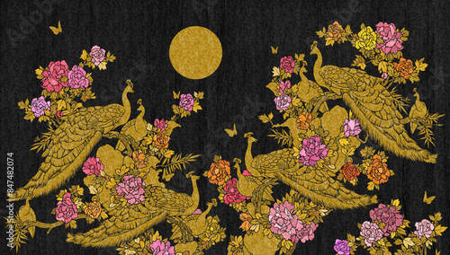 Wallpaper Mural Graphic images of landscapes, nature and flowers colorful, butterflies, gold color auspicious Chinese peacocks on a gold wood and marble texture background. Torontodigital.ca