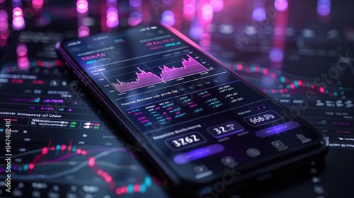 The image shows a close-up of a smartphone with a stock market app displaying real-time stock market data, with a futuristic technology background. © Summit Art Creations