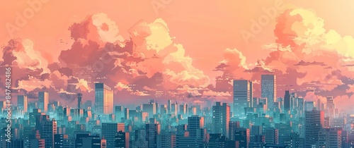 Lo-fi Illustration of Simplified, Pastel-Colored Urban Skylines with Copy Space