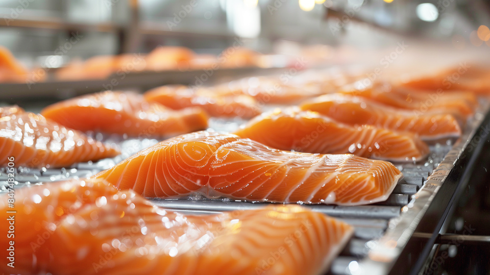 Salmon manufacturing process. Close-up shot of fresh salmon production line.