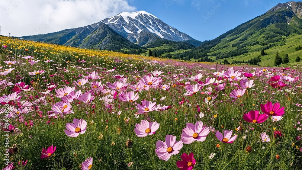 Obraz premium a cosmos field on the top of a mountain