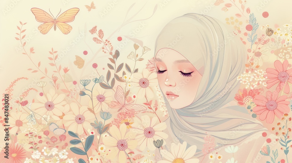 Serene woman in hijab surrounded by flowers and butterflies, evoking peace and nature's beauty in a delicate, pastel-toned illustration. Serene woman in hijab surrounded by flowers and butterflies, evoking peace and nature's beauty in a delicate, pastel-toned illustration.