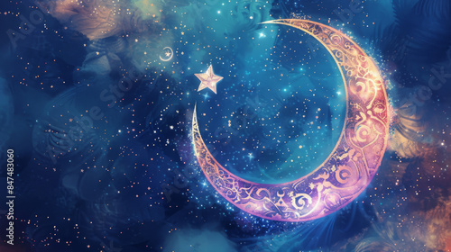 A vibrant, dreamy illustration of a crescent moon with intricate designs, set against a starry, mystical night sky with a glowing star. photo