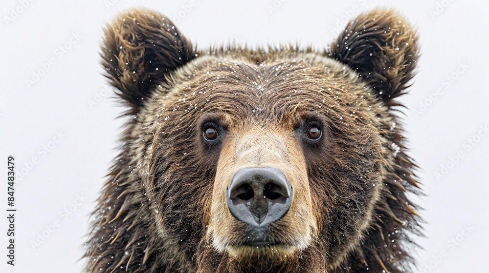 A close-up portrait captures the inquisitive gaze of a bear as it peers directly into the camera against a clean white background. With ample copy space, this image is perfect for conveying messages A close-up portrait captures the inquisitive gaze of a bear as it peers directly into the camera against a clean white background. With ample copy space, this image is perfect for conveying messages
