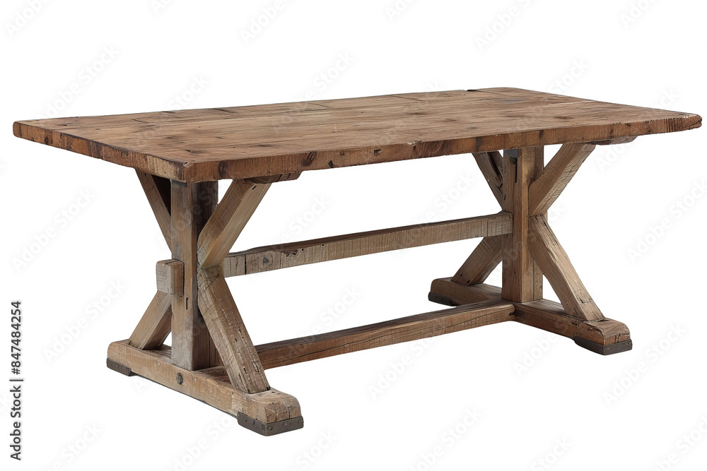 A rustic wooden dining table with a distressed finish and sturdy construction, isolated on white background, ideal for farmhouse-style kitchens or dining rooms A rustic wooden dining table with a distressed finish and sturdy construction, isolated on white background, ideal for farmhouse-style kitchens or dining rooms
