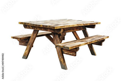 Isolated on white background, a sturdy picnic table with attached benches and a weather-resistant finish, perfect for outdoor gatherings and barbecues