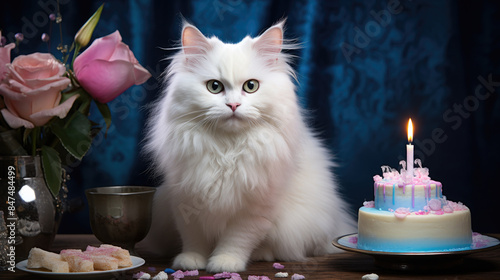 Fluffy white cat joyfully celebrates with a birthday cake, Ai Generated © Crazy Juke