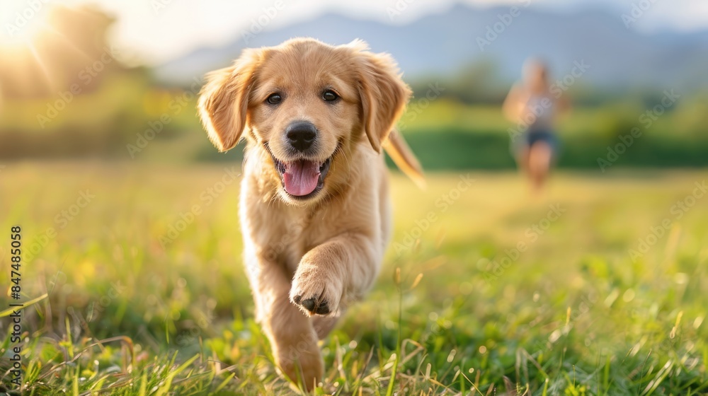 A happy Golden retriever puppy dog is playing with family while they travel on summer holiday at green field. A happy Golden retriever puppy dog is playing with family while they travel on summer holiday at green field.