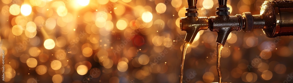Glowing Metallic Beer Tap Flowing Against Warm Bokeh Backdrop Glowing Metallic Beer Tap Flowing Against Warm Bokeh Backdrop